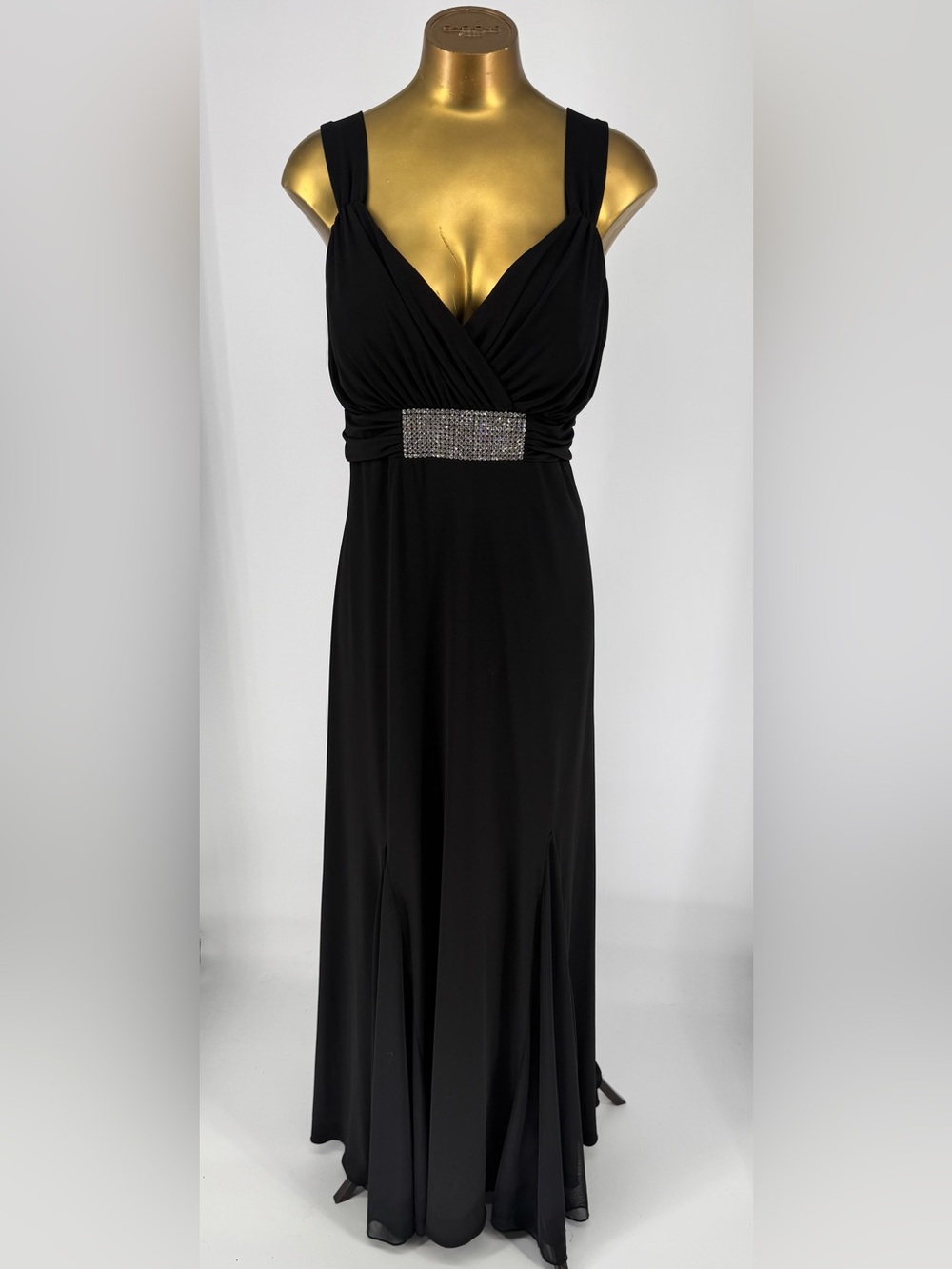 Betsy & Adam Black Formal Ruched V Neck Gown with Rhinestone Waist Size 14